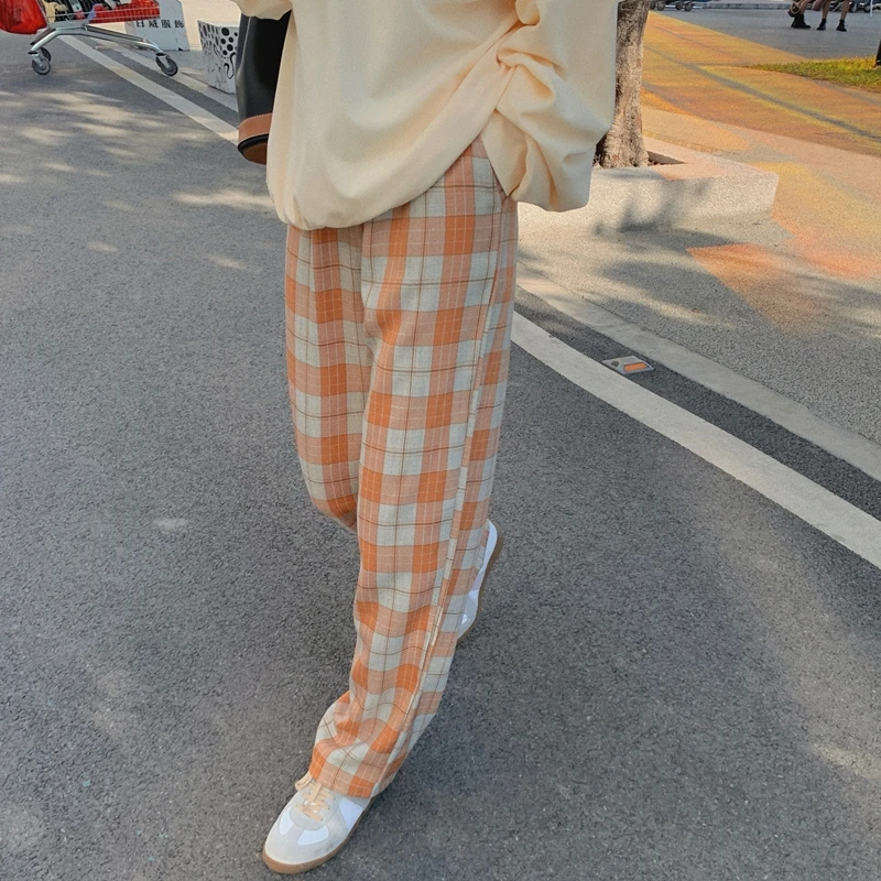 

Hzirip 2021 Summer Women Trouser Plaid Female Straight Wide-Leg Pants Elasticity Waist Loose Casual Street All-Match Sweet Girl