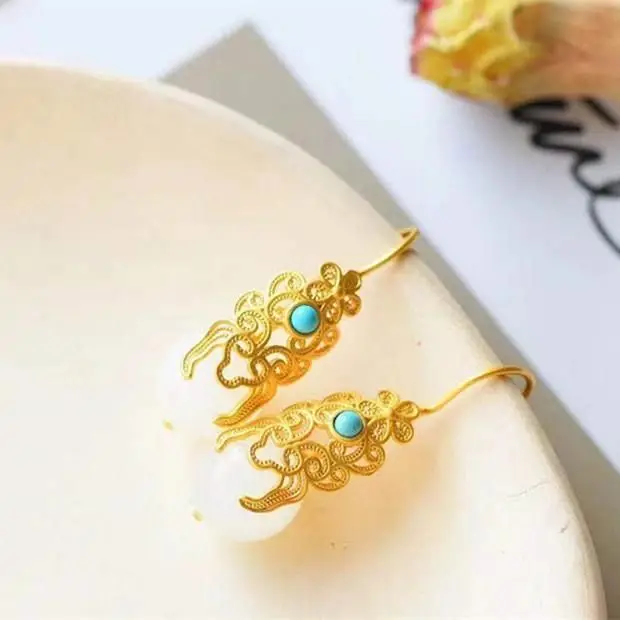 

Hetian Jade Earrings Ethnic Style Chinese Style Ethnic Style Antique Eardrops Super Fairy Court Style Cheongsam Accessories Earr