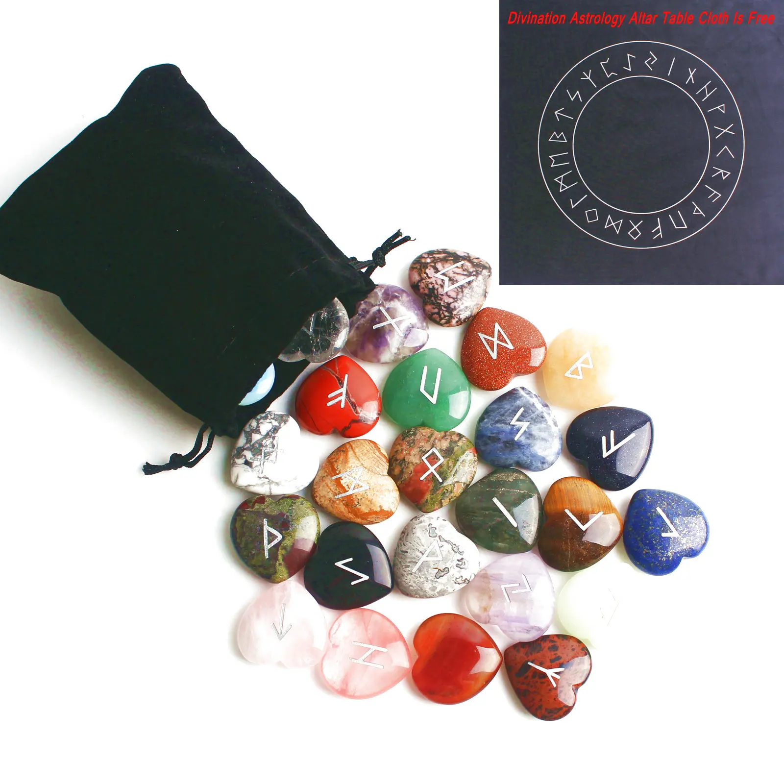 

25Pcs Natural Chakra Crystal Rune stoens Heart Shaped Pendant Divination Fortune-telling Rune Stone Healing Aquariums Decor