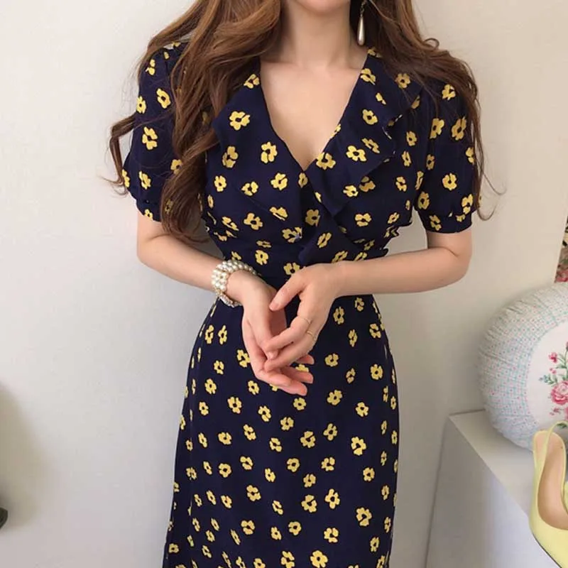 

Elegant Woman Dress Korean One-Piece Floral Dress 2020 Summer Women V-Neck Puff Sleeve Dress French Casual A-Line Dress Vestidos