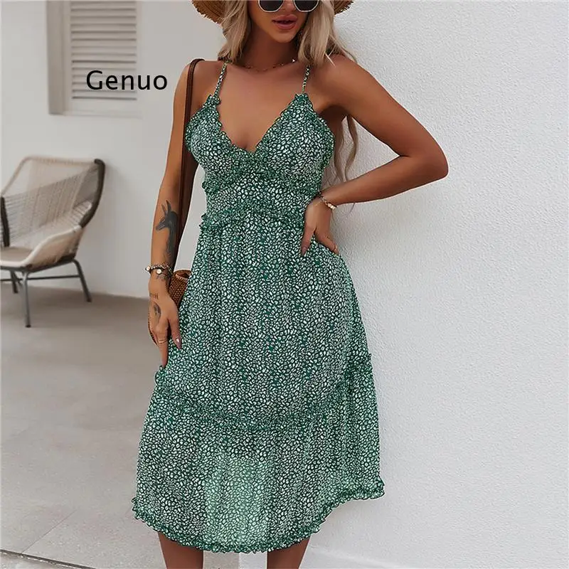 Female Dress Floral Print V-Neck Sleeveless One-Piece Spaghetti Strap Sundress for Summer Red/Black/Blue/Green | Женская одежда