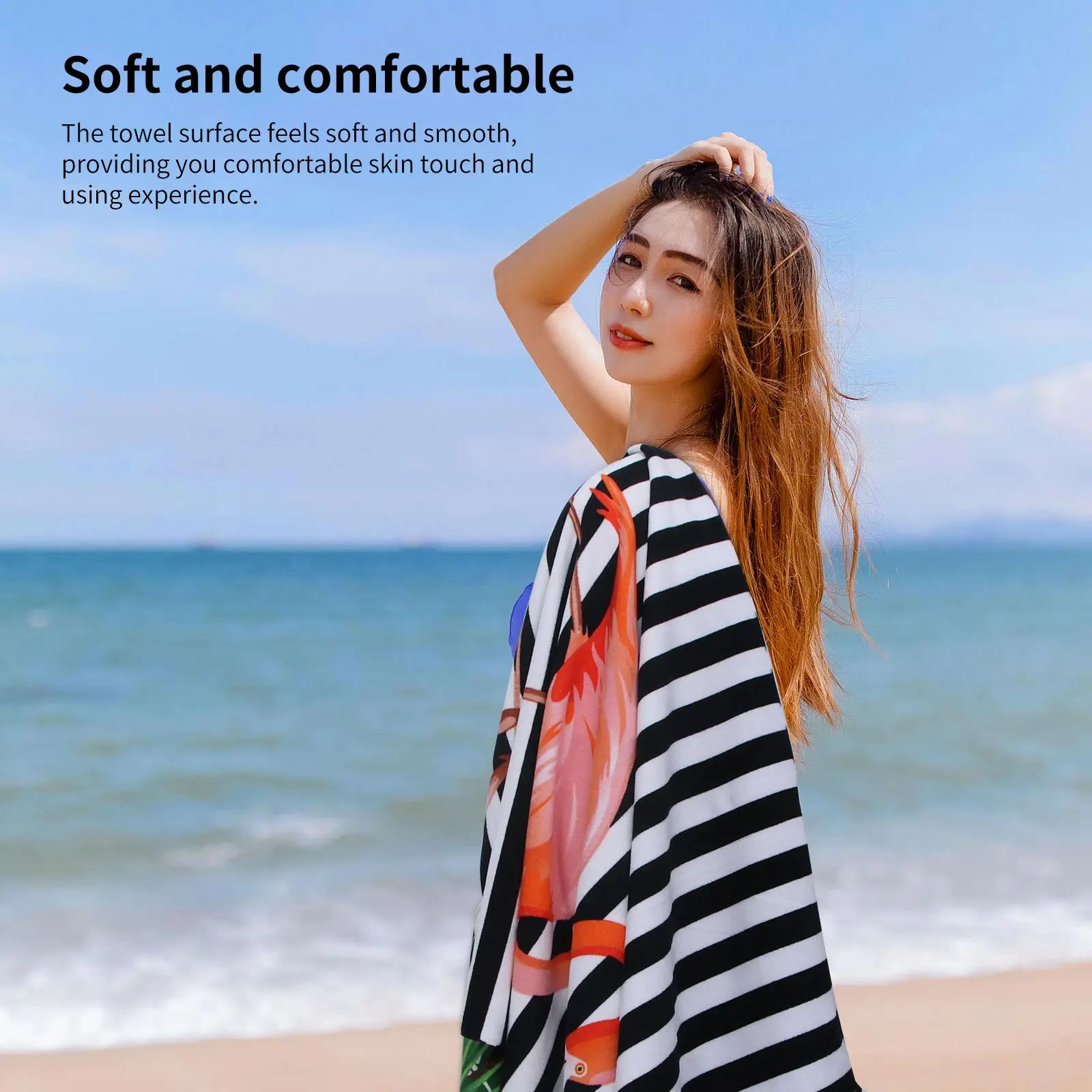 

Quick Dry Beach Towel Microfiber Bath Towel 28*59inch Soft Swim Towel with Black White Stripe Flamingo Pattern Travel Swimming