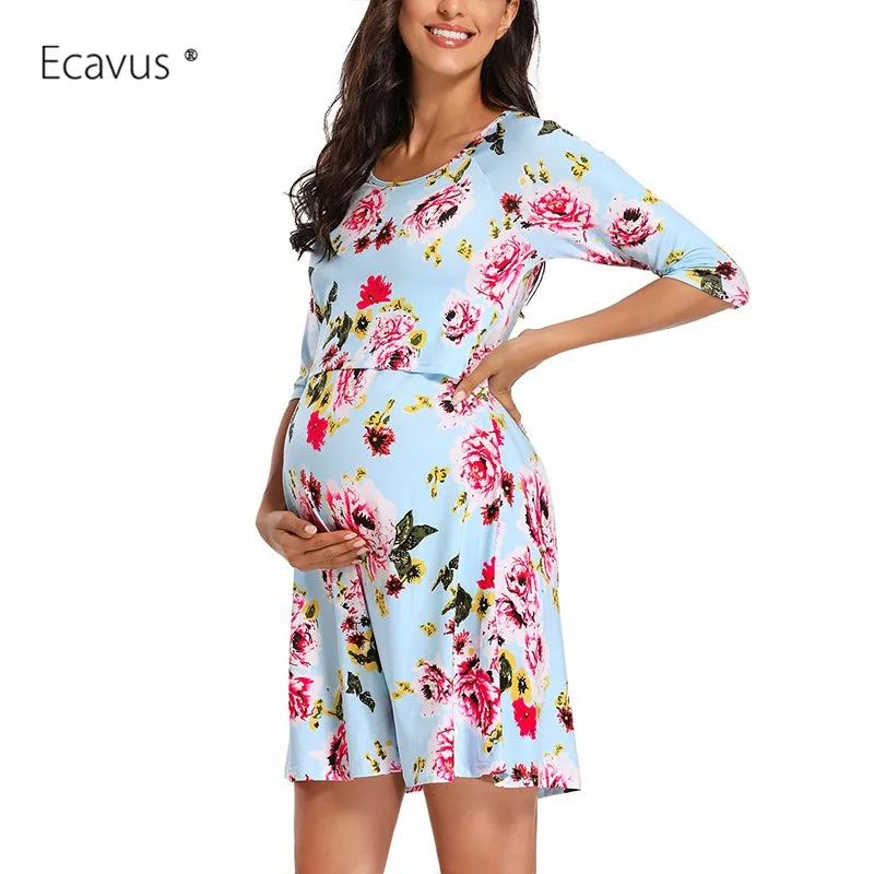 

Платье для беременных, пеньюар с цветочным принтом и рукавом 3/4, ночная рубашка для беременных, одежда для грудного вскармливания, пижама, од...