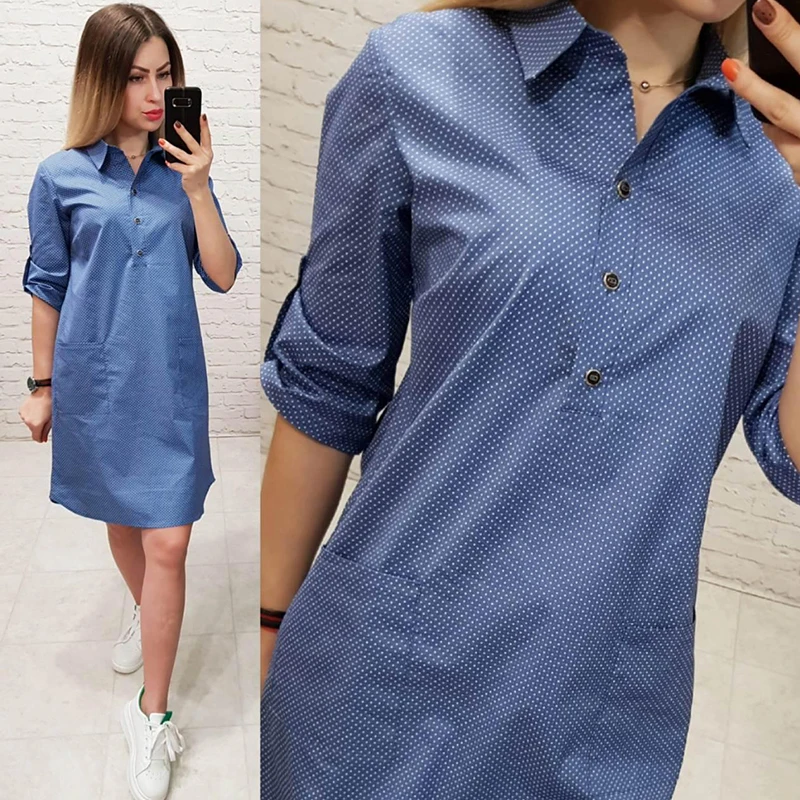 2019 женское повседневное мини платье с принтом в горошек и пуговицами короткое