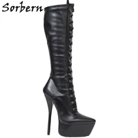 sorbern matt black lace up boots knee high platform 7 inch high heels flexiable lace up fetish boot custom wide fit pointy toes