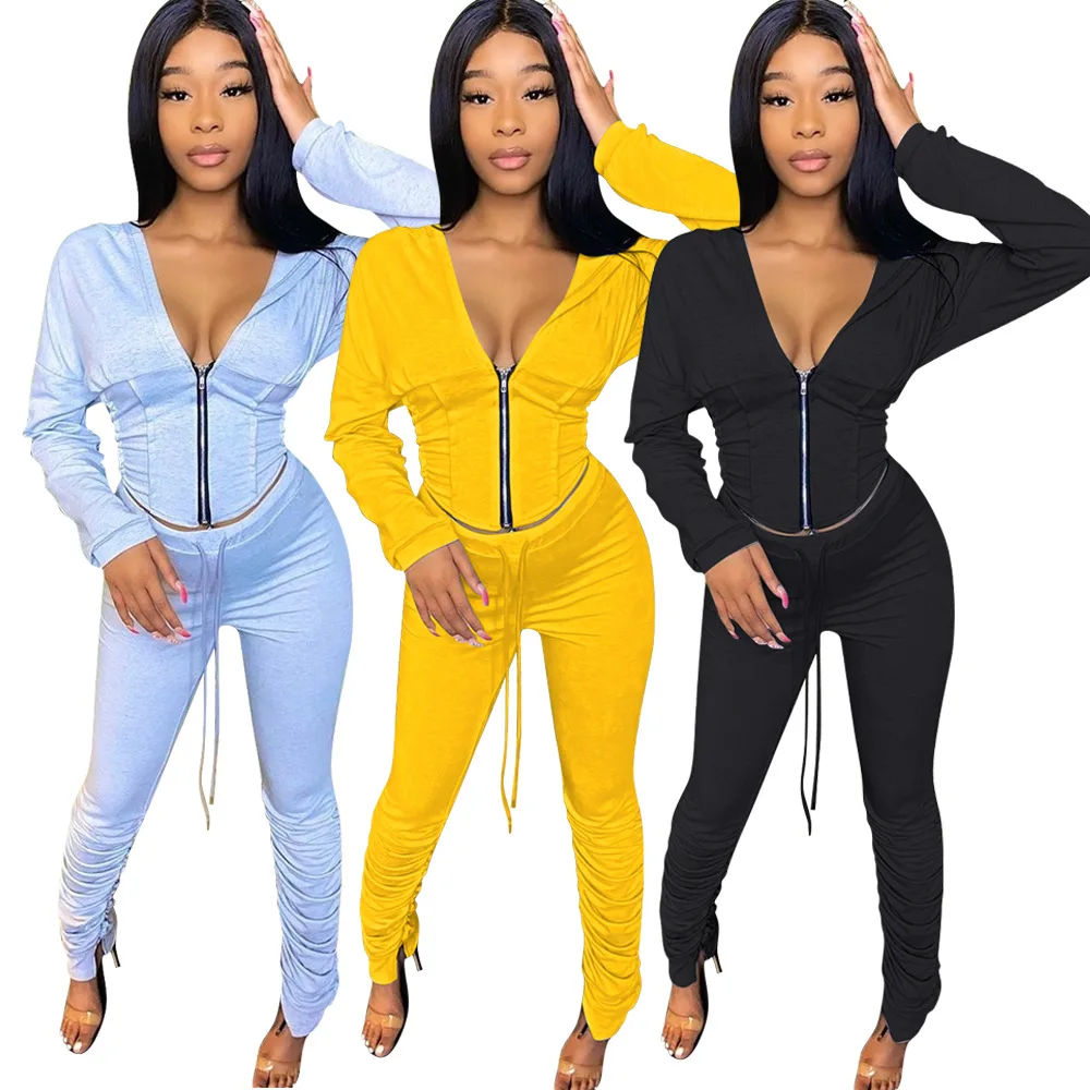 

Echoine Women Two-Piece Set Zip Deep V Sexy Crop Hooded Jacket Lace Up Pleated Long Sleeve Suit Sports Jogger Active Tracksuit
