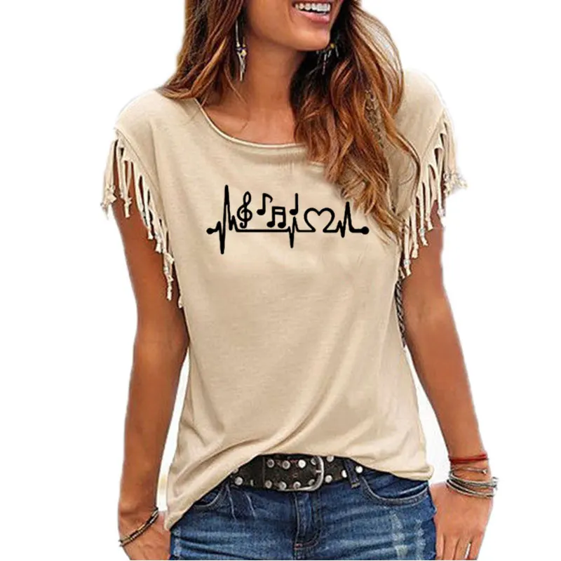 

2019 Fashion T-Shirt For Women Music Notes Heartbeat Letters Print Top T-Shirt Women Plus Size Summer Tops