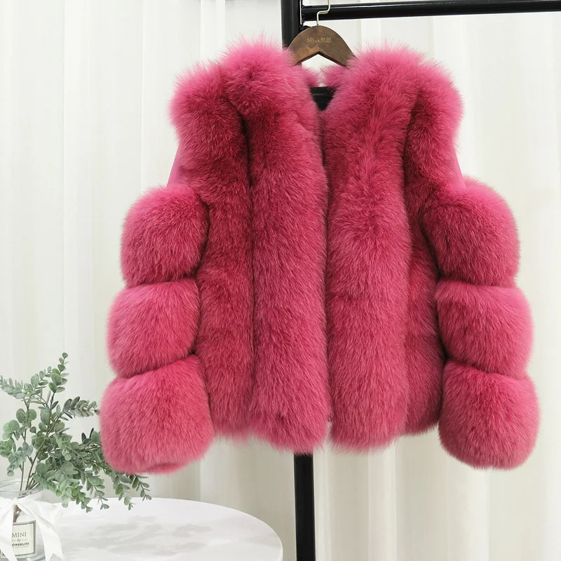 Rose Rf1929 зимнее короткое пальто из натурального Лисьего меха Stlye FluffyReal, натуральная кожа, натуральный мех, куртка с длинным рукавом, женские пальто из натурального меха - Цвет: Rose