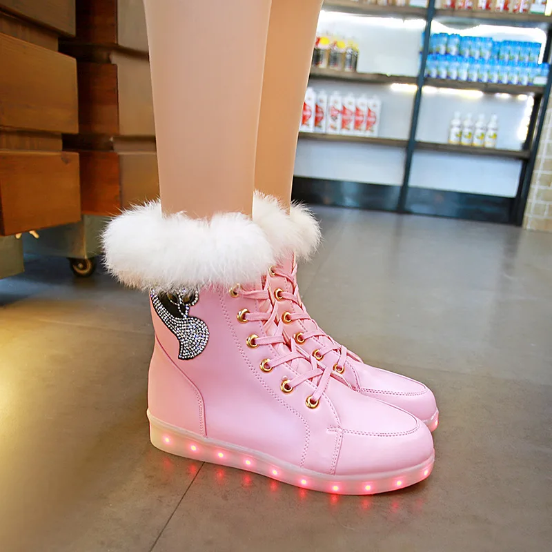 boots female women shoes Winter White Real Rabbit Fur Rhinestone Boots for Girls LED Luminous USB Charging Pink Children Shoes