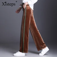 xisteps side stripe pleuche women wide leg loose pants 2020 new female plus size elastic high wasit drawstring trousers