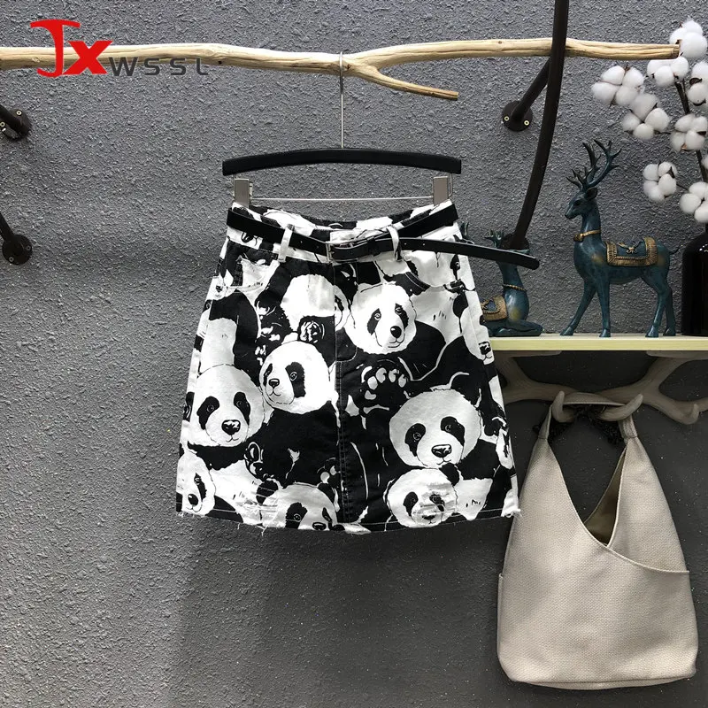 

Women Denim Skirts 2021 New Summer Fashion Panda Printed High Waist Casual Short A-line Mini Jean Skirt