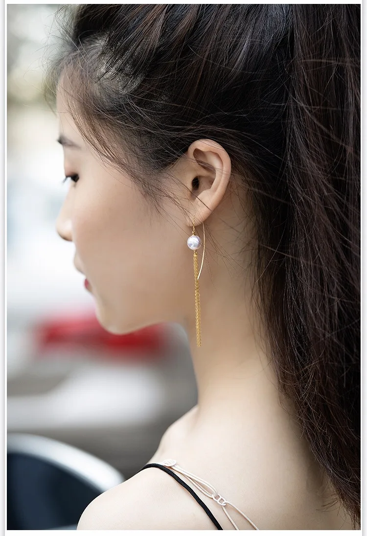

18K Solid Yellow Real Gold Jewelry(AU750) Women Engagement Drop Earrings Tassel Ear Line Lady Girl Sea Pearl