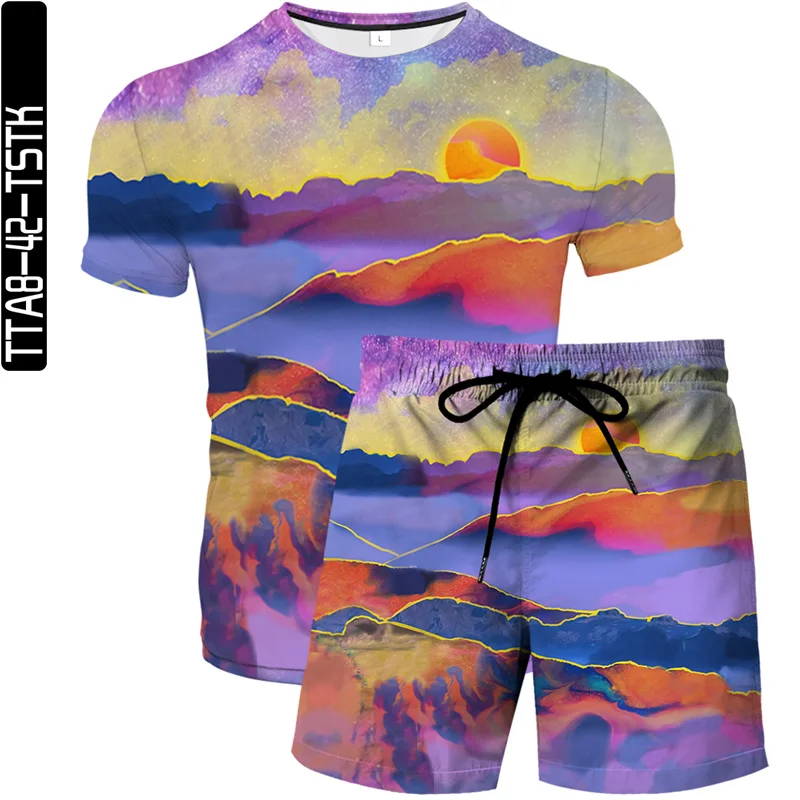 

Shanhe element 3D printing men's and women's T-shirt suit + beach pants 2021 summer new O-neck daily casual short-sleeved suit