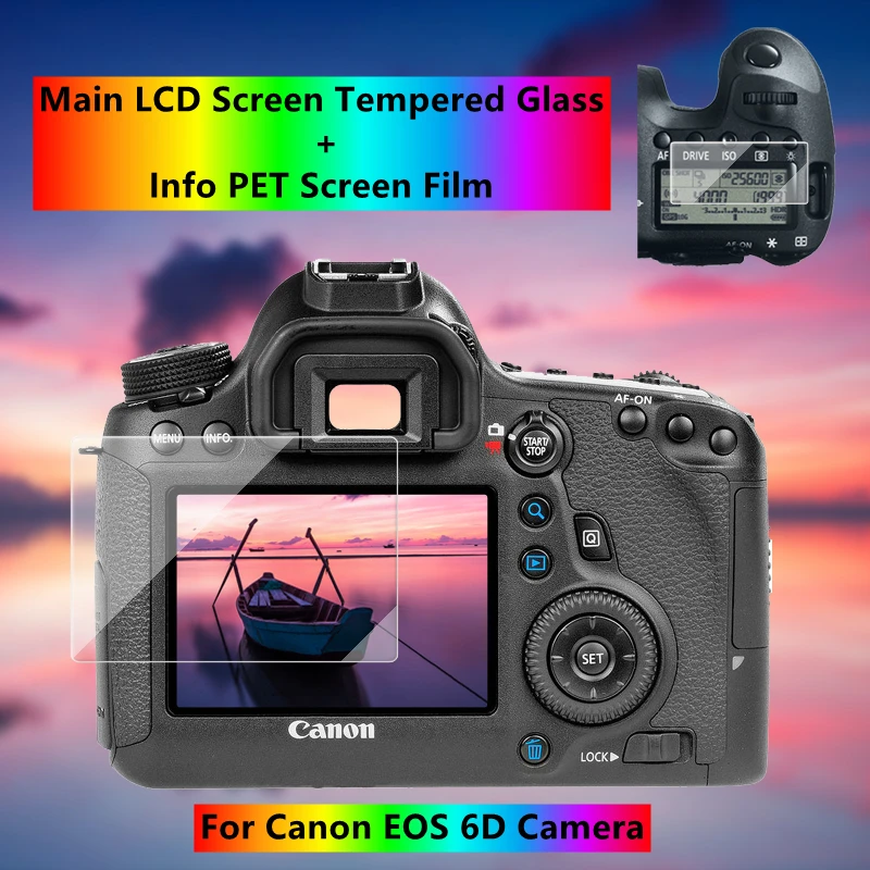 

Self-adhesive 6D Tempered Glass Main LCD + Top Info Shoulder Screen Protector Cover Guard for Canon EOS 6D Camera