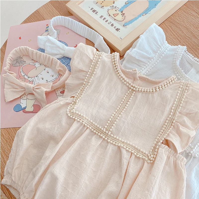 

2pcs Newborn Infant Baby Girl Bodysuit Clothes Set With Bow Headband Summer Sleeveless Princess Sweet Party Baby Romper Outfits