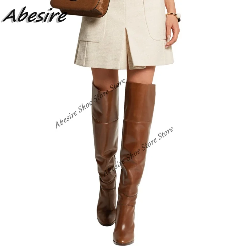 Abesire Long Boots Brown Slip On Wooden High Heel Round Toe Thigh High Boots Women Boots Solid New Autumn Winter Big Size Shoes