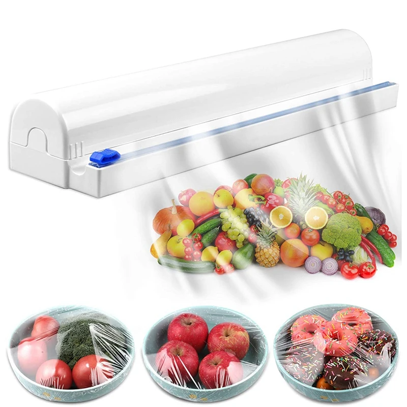 Dispensador de envoltorio de pl&aacute;stico para alimentos reutilizable para el hogar con cortador, dispensador de papel de aluminio/esta&ntilde;o con cortador, 1 envoltura incluida-0