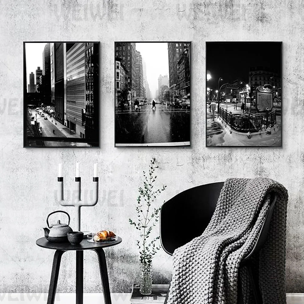 

Black White Architectural Home Decoration Painting Car Flow Living Room Wall Canvas Poster Rainy Street Bedroom Staircase Print