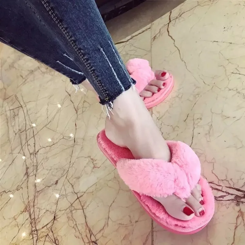 Женские шлепанцы в полоску теплые меховые Корейском стиле плоская подошва для