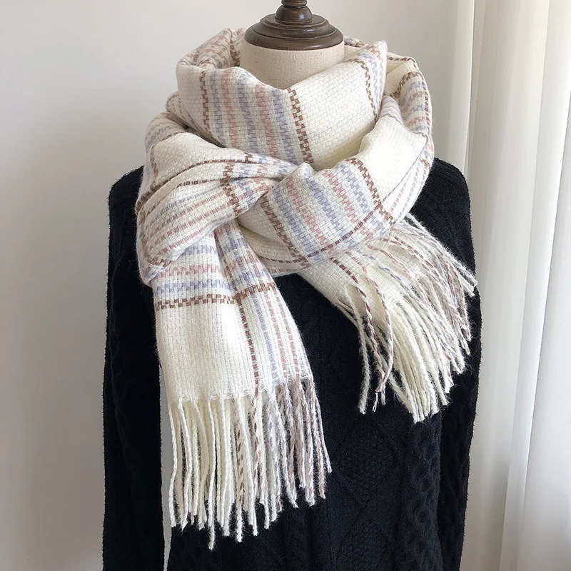 

New Chic Plaid Print Warm Tassel Scarf for Women Winter Girl Vintage Oversized Neckerchief Female Cashmere Feel Shawls Wraps