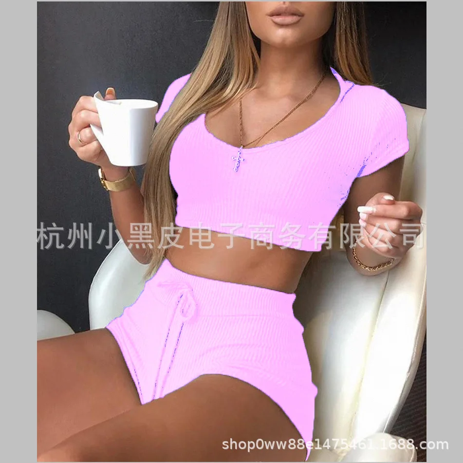 

New women's short sleeve knitted rib casual suit home lace up sports two piece set