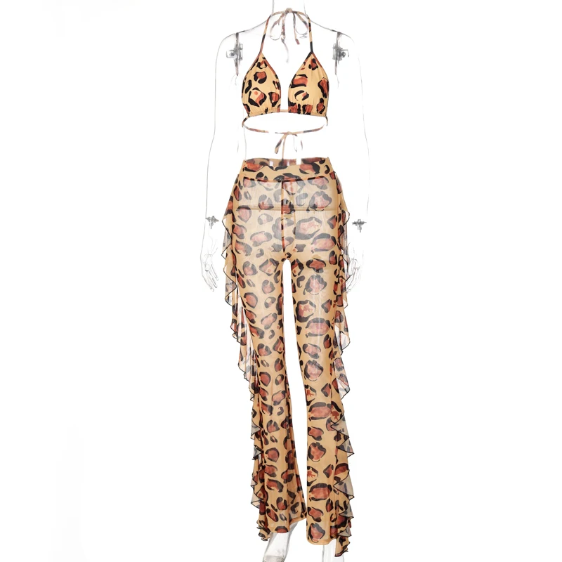 

Lygens 2021 Summer Leopard Print Women 2 Piece Halter Bra Mesh Ruffle Patchwork Set Sheer Bodycon Sexy Streetwear Club Y2K