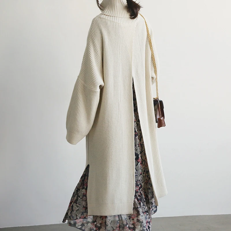 Женское вязаное платье свитер с высоким воротником повседневное длинное