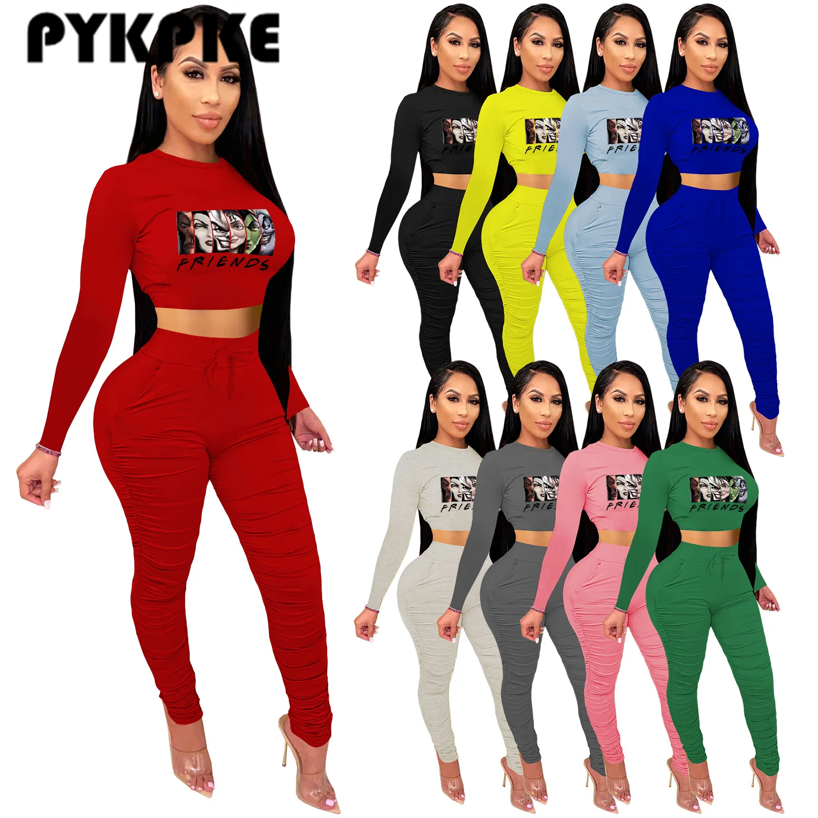 

Костюм спортивный женский плиссированный из двух предметов, пикантный укороченный топ и брюки с принтом, Осень-зима