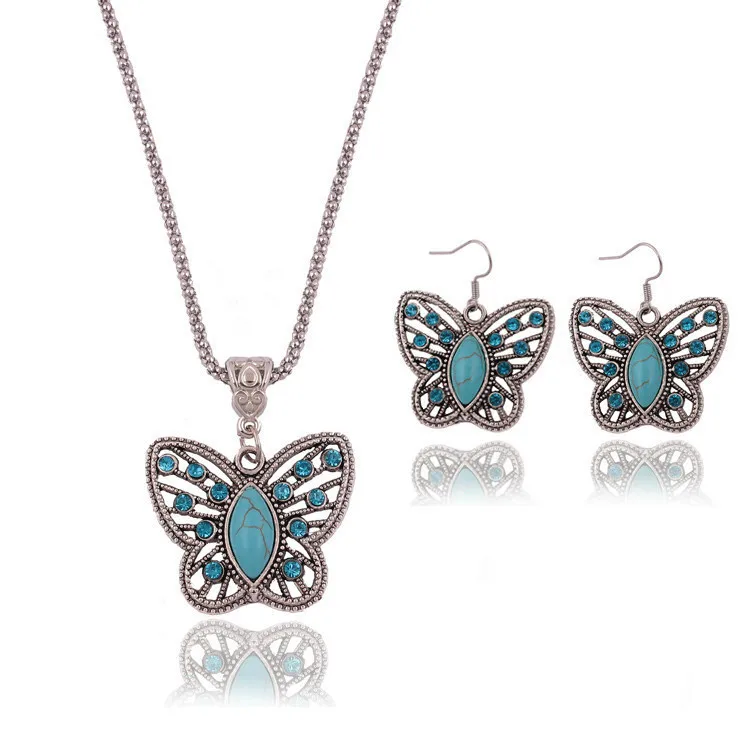Ретро бирюзовые Ювелирные наборы с бабочками подвеска ожерелье модная цепочка