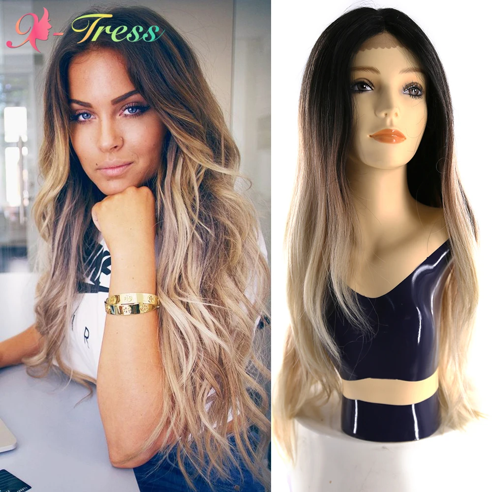 

Middle Part Lace Wig Ombre Brown Blonde Synthetic Wigs for Black Women Long Natural Wave Wavy Hair X-TRESS Heat Resistant Fiber