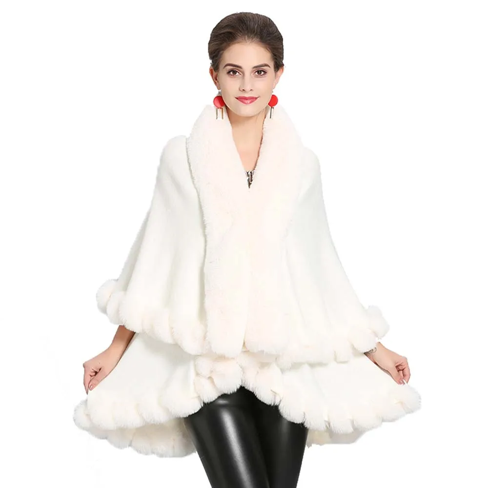 

Women's Cashmere Collar Double Knit Cape Jacket Bridal Faux Fur Coat