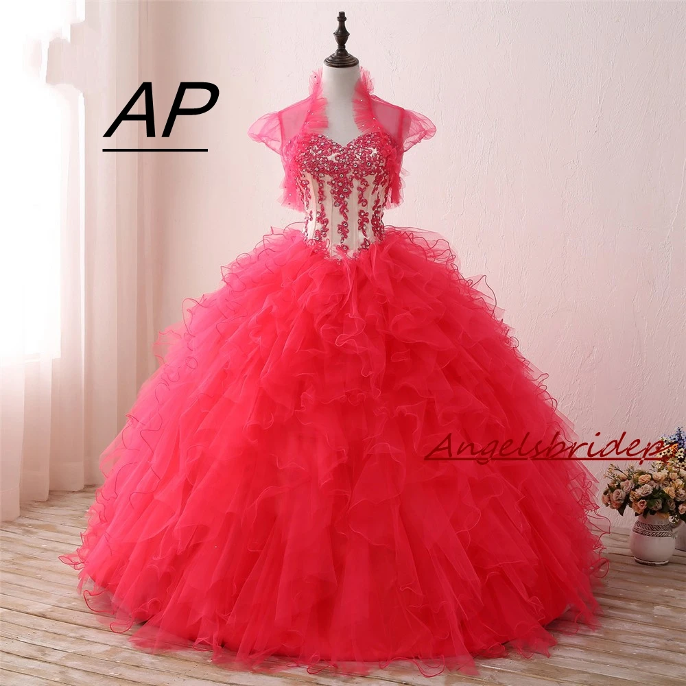 ANGELSBRIDEP милая куртка бальное платье платья для Quinceanera 15 лет с кристаллами длиной