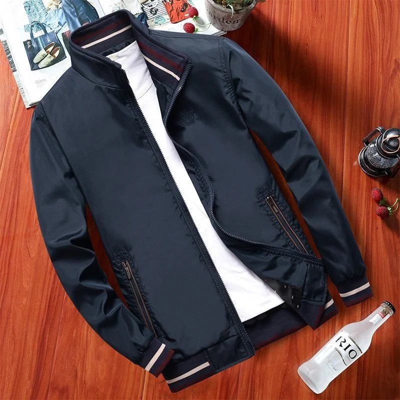 

Men's spring long sleeve stand collar jacket for middle-aged and old people solid color comfortable large size loose