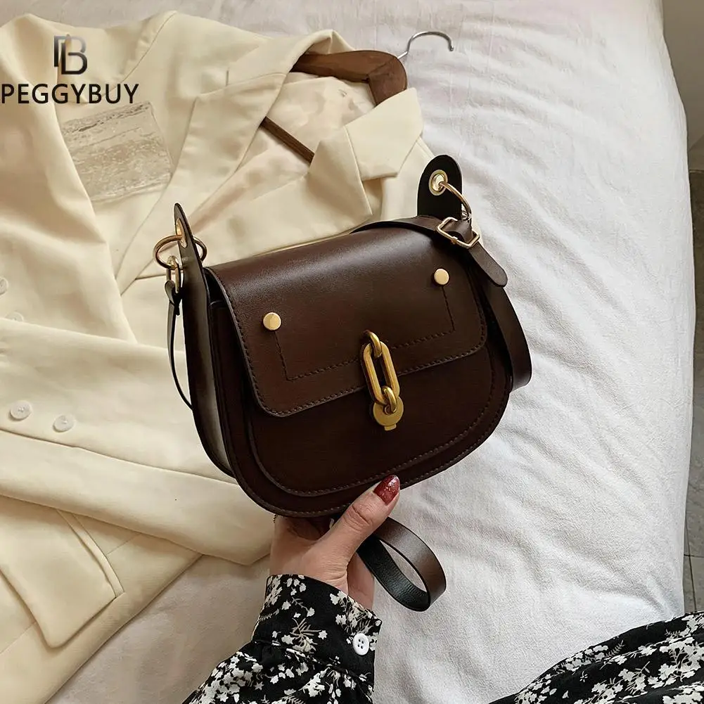 

Women Retro PU Leather Saddle Bags For Women 2021 Fashion Shoulder Simple Bag Lady Solid Color Solid Handbags