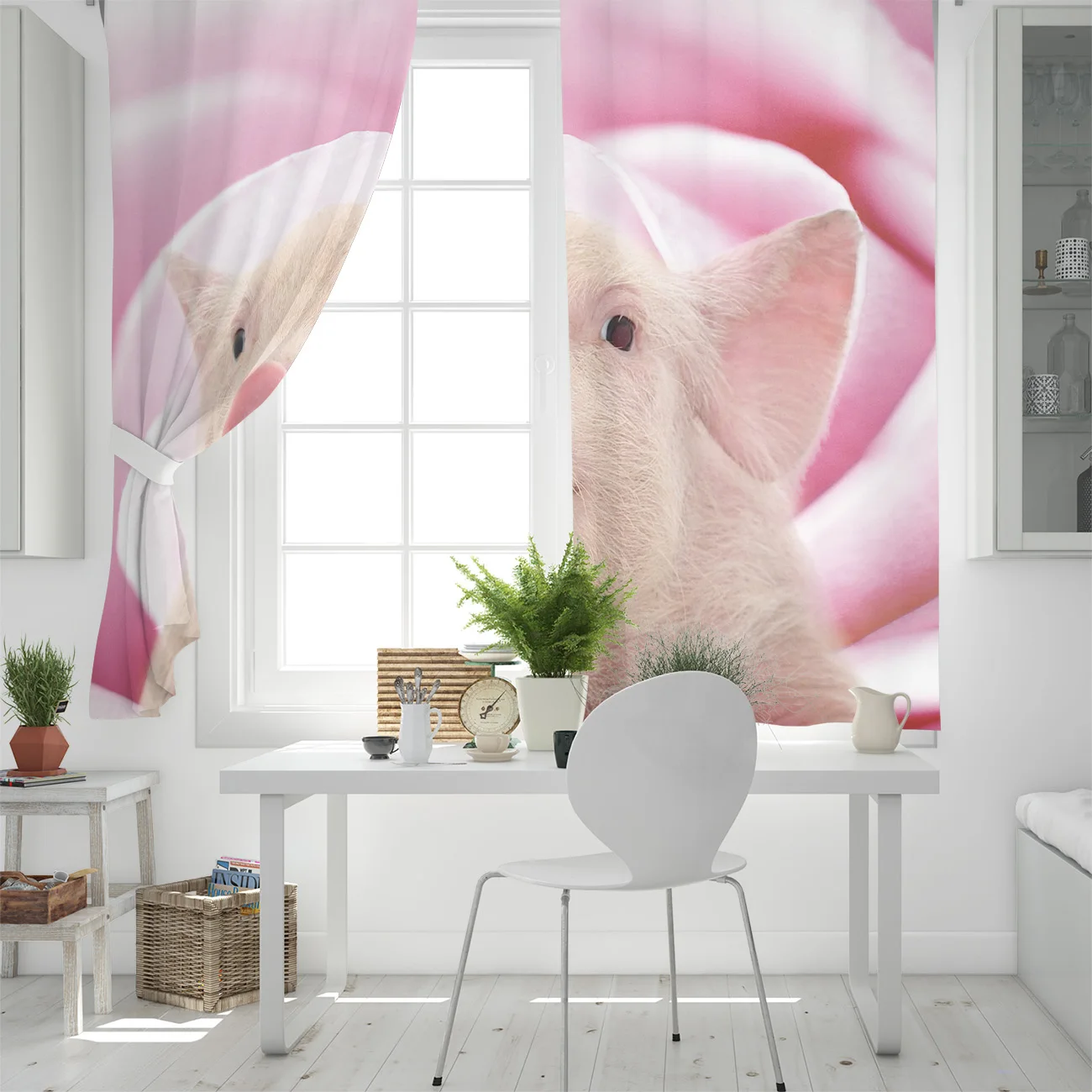 Фон с изображением маленькой розовой свиньи на цветочном окне гостиной кухни