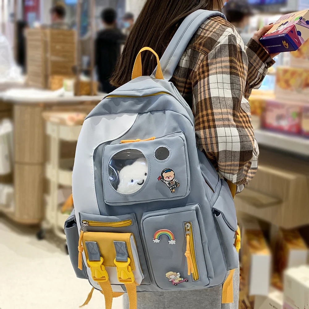 

Waterproof Girl Harajuku Backpack Kawaii Nylon Women Cute School Bag Lady College Student Backpack Pin Badge Female Book Bag New
