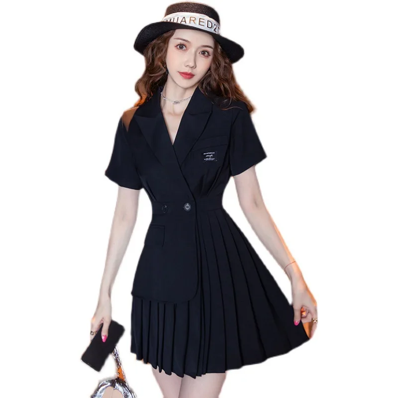 

Summer Dress Elegant Vintage Black Suit Women Dresses Office Lady Bodycon Bandage Pleated Sundress Party Sexy Korean Clothes