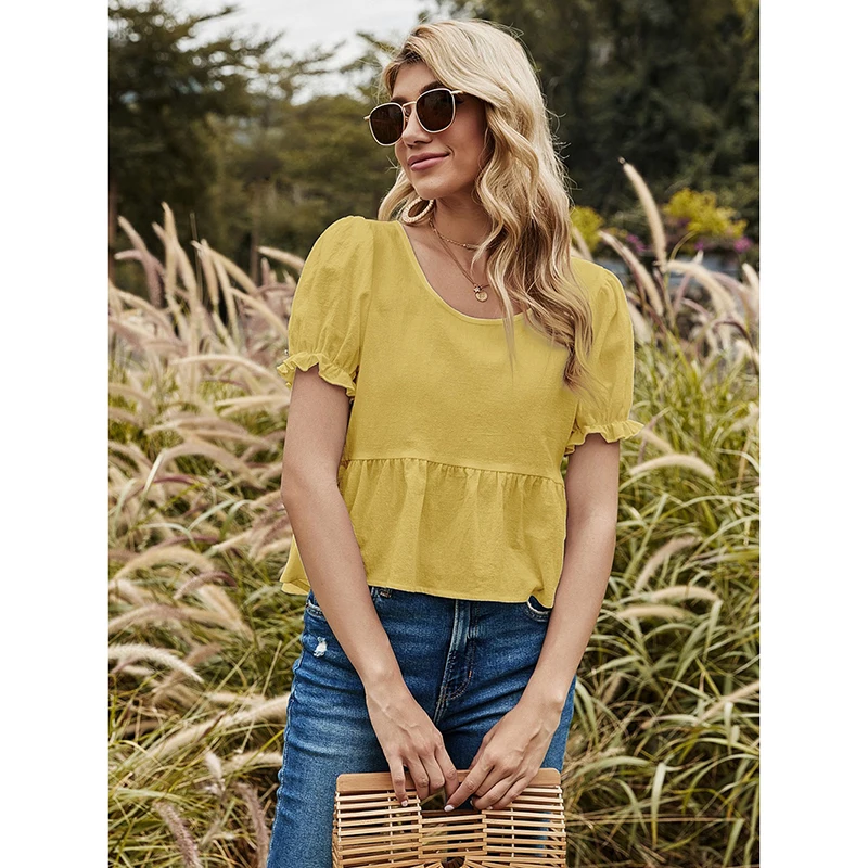 

Женская блузка с круглым вырезом, элегантная повседневная свободная однотонная желтая рубашка с коротким рукавом и оборками, модель SJ7999V на...