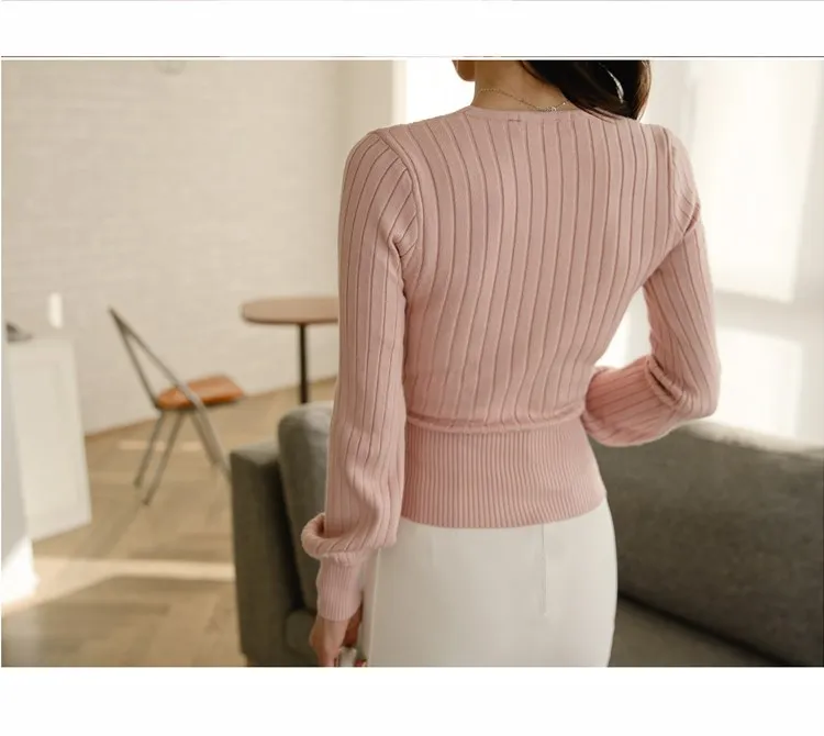 Модный Элегантный розовый свитер с v-образным вырезом и длинным рукавом женский