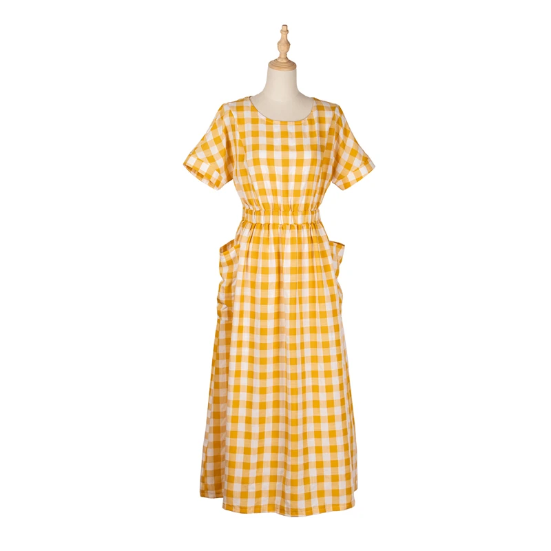 

Casual A Line Plaid Dress Women O Neck Short Sleeve Backless Midi Length Dress 2021 Spring Autumn New Style Fashion Pocket Dress