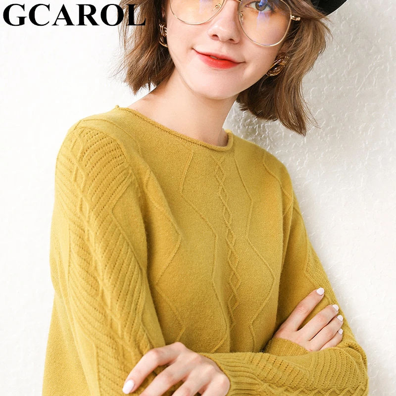 GCAROL New Women O Neck Curled Rhombic Sweater Fall Winter 30% Wool Cashmere Thick Jumper Stretch Warm OL Knitted Pullover S-3XL
