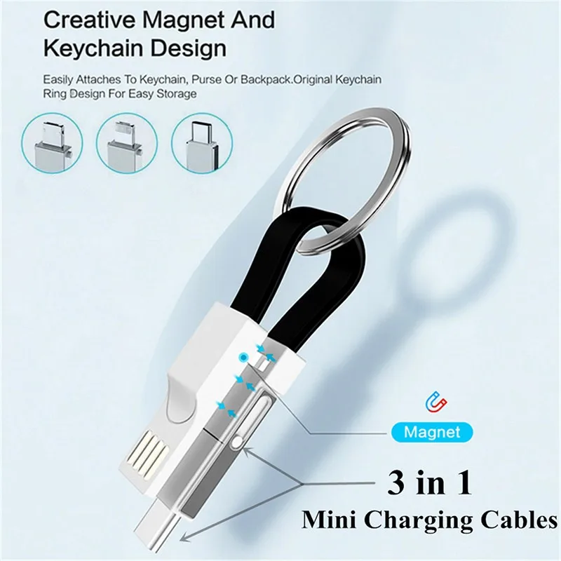 3 в 1 Мини USB брелок Магнитный кабель Micro usb type C кабели для iphone 11 Xs samsung S9 Xiaom 8 USB-C брелок зарядный шнур
