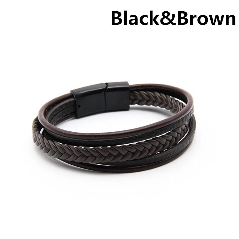 black brown Мужской кожаный браслет кожаные браслеты для Бена Магнитная застежка Воловья Кожа плетеная многослойная обёртка браслет мужской pulseras para hombre - Окраска металла: black brown