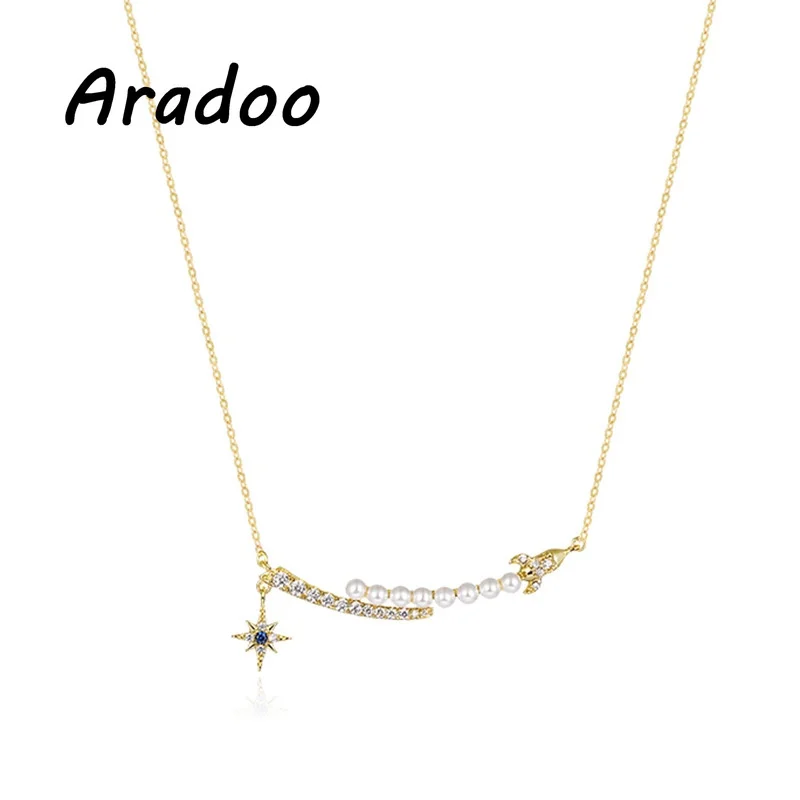 

ARADOO Light Luxury Pearl Star Diamond Design Clavicle Necklace 18k Gold Plated Necklace