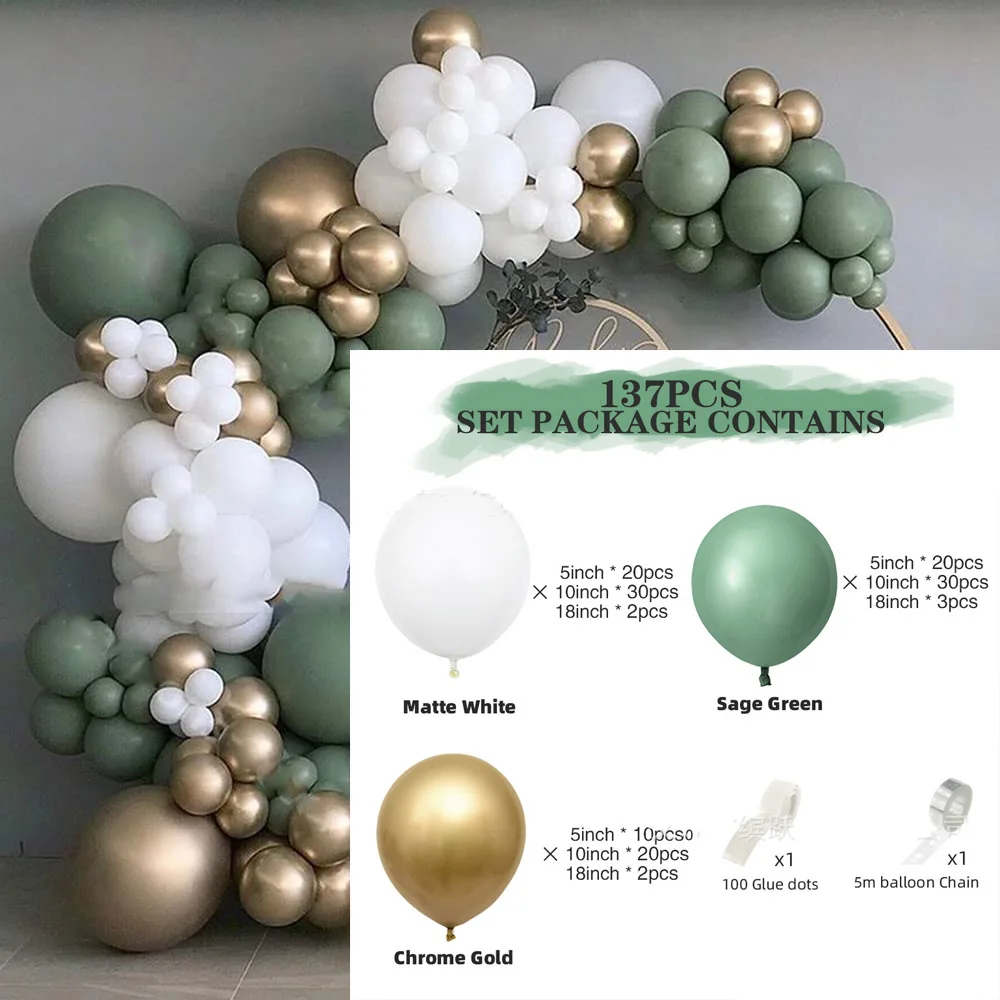 137Pcs/set Retro Green White Balloons Garland Chrome Gold Balloon Chain Arch for Baby Shower Bridal Wedding Party De | Дом и сад