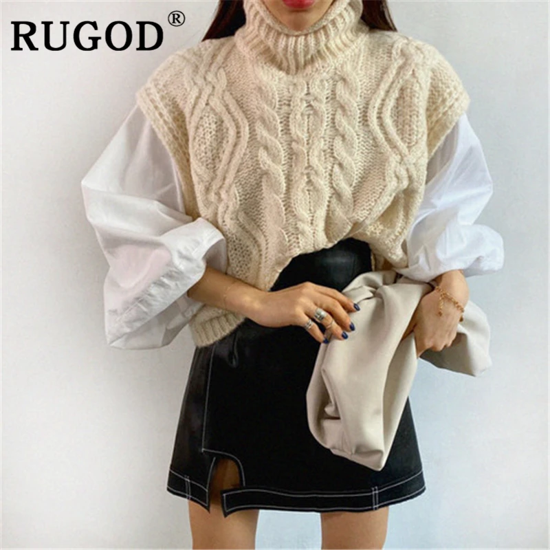 RUGOD корейский шик Однотонный свитер жилет модный вязанный водолазка майка