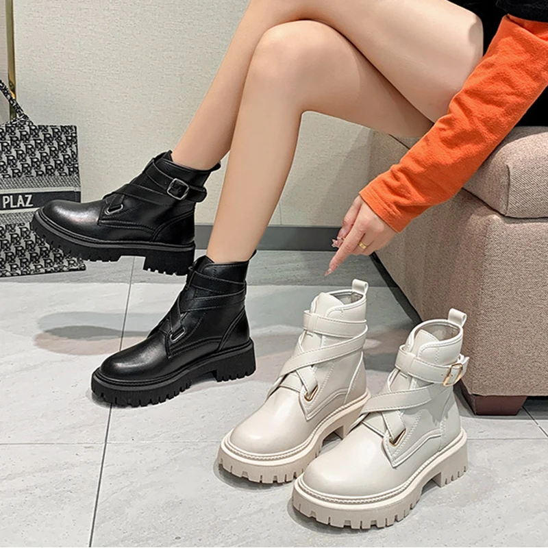 

Women's Short Boots Buckle Strap PU Fashion Woman Shoes Low Heels Thick Platform Winter Warm Ankle Boot Ladies Footwear 2021 New