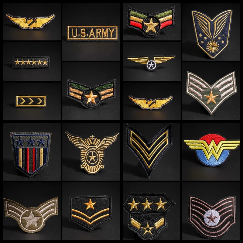 

Gold Military Badge Embroidered Patches For Clothing DIY Stripes Morale Applique Clothes Stickers Iron On Patches Badges Decor
