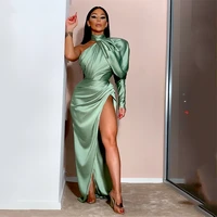 sexy one shoulder emerald green mermaid evening dress long sexy side split prom party gowns halter neck celebrity dresses