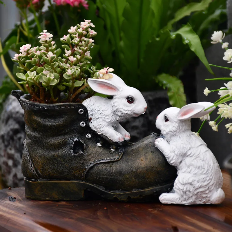 

Two Cute Grey Bunny Playing In Shoes Statue Flower Pot Park Landscape Home Resin Sculpture Floor Vase Garden Decor Courtyard